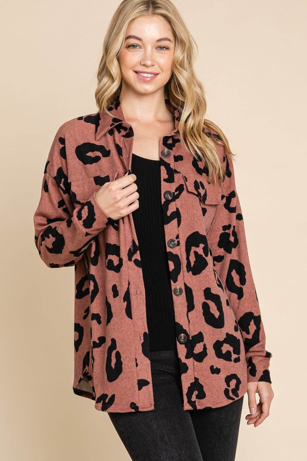 BOMBOM Animal Print Button Up Knit Shacket - Delanoir