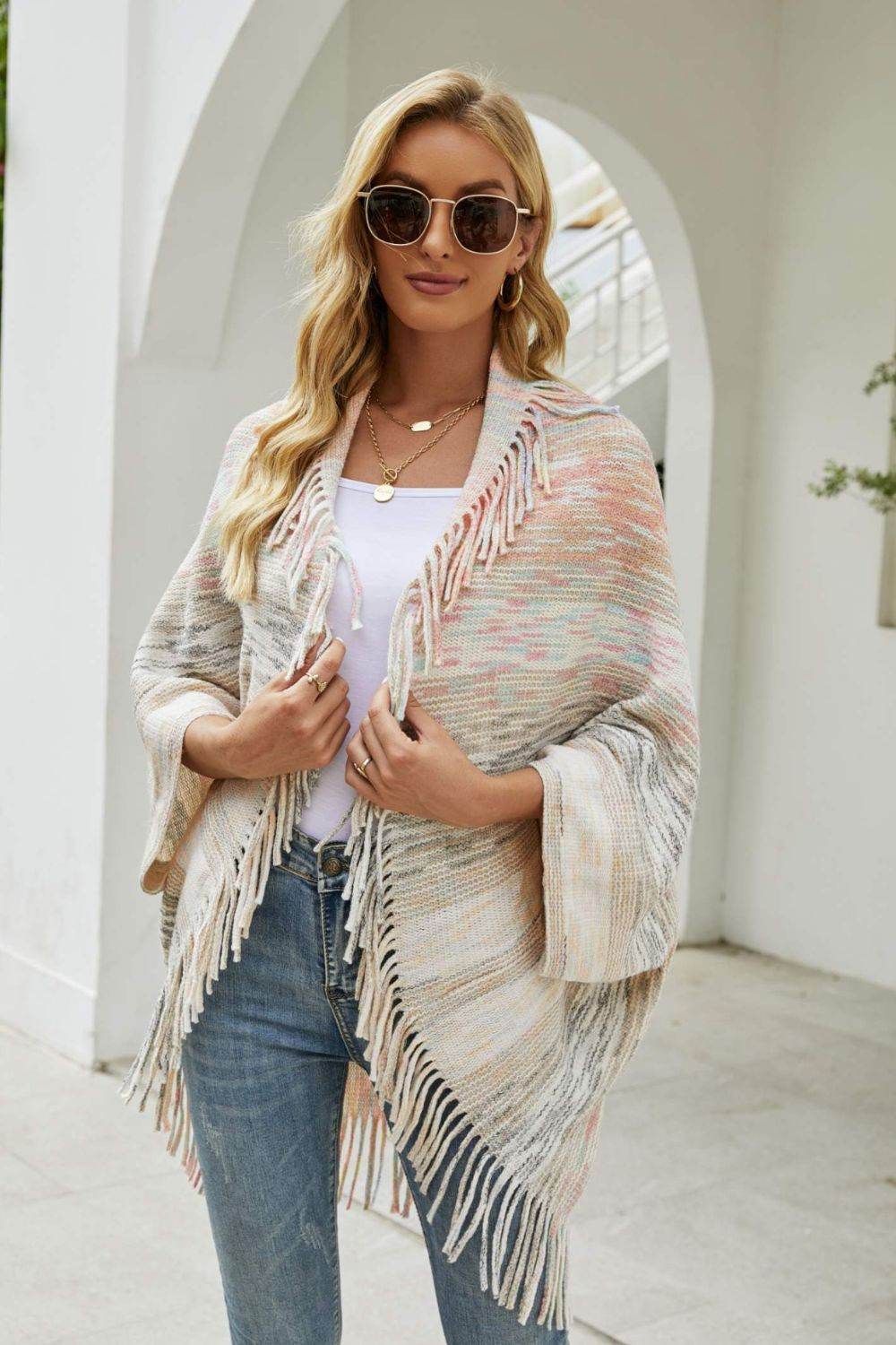 Multicolored Fringe Trim Poncho - Delanoir