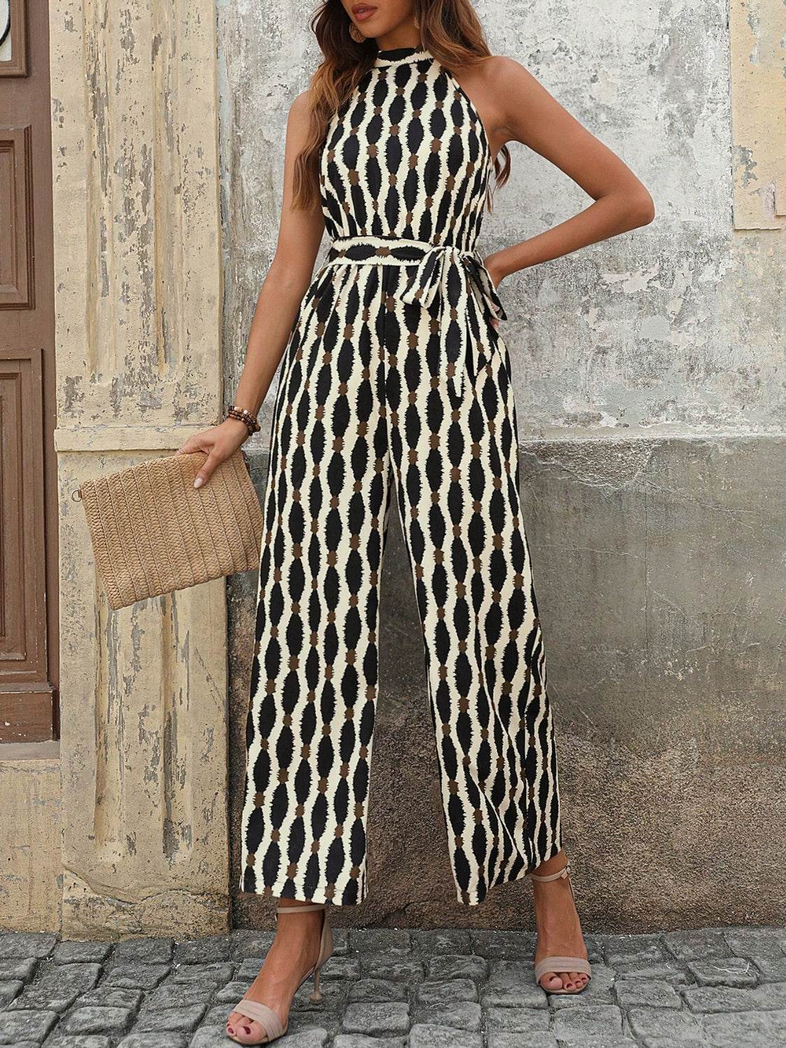 Tied Printed Grecian Neck Jumpsuit - Delanoir