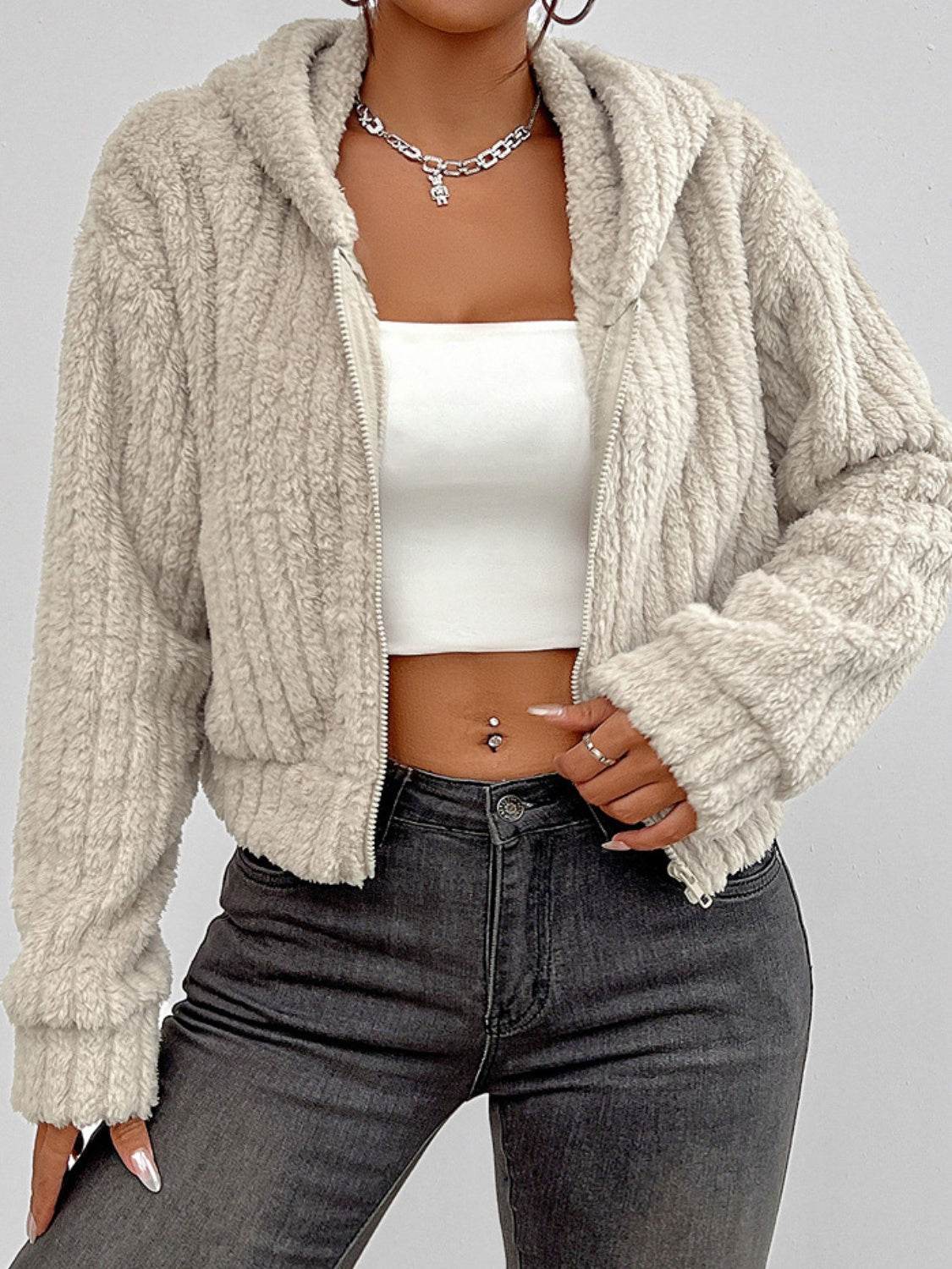 Zip Up Long Sleeve Fuzzy Hooded Jacket - Delanoir