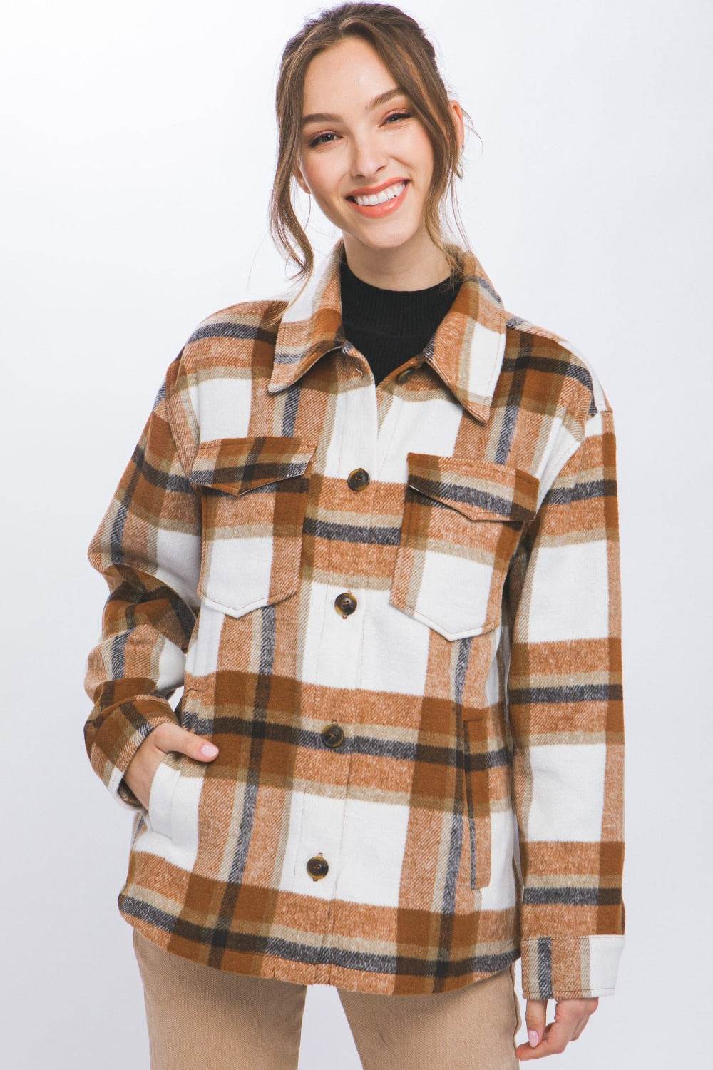 Love Tree Plaid Button Up Shacket - Delanoir
