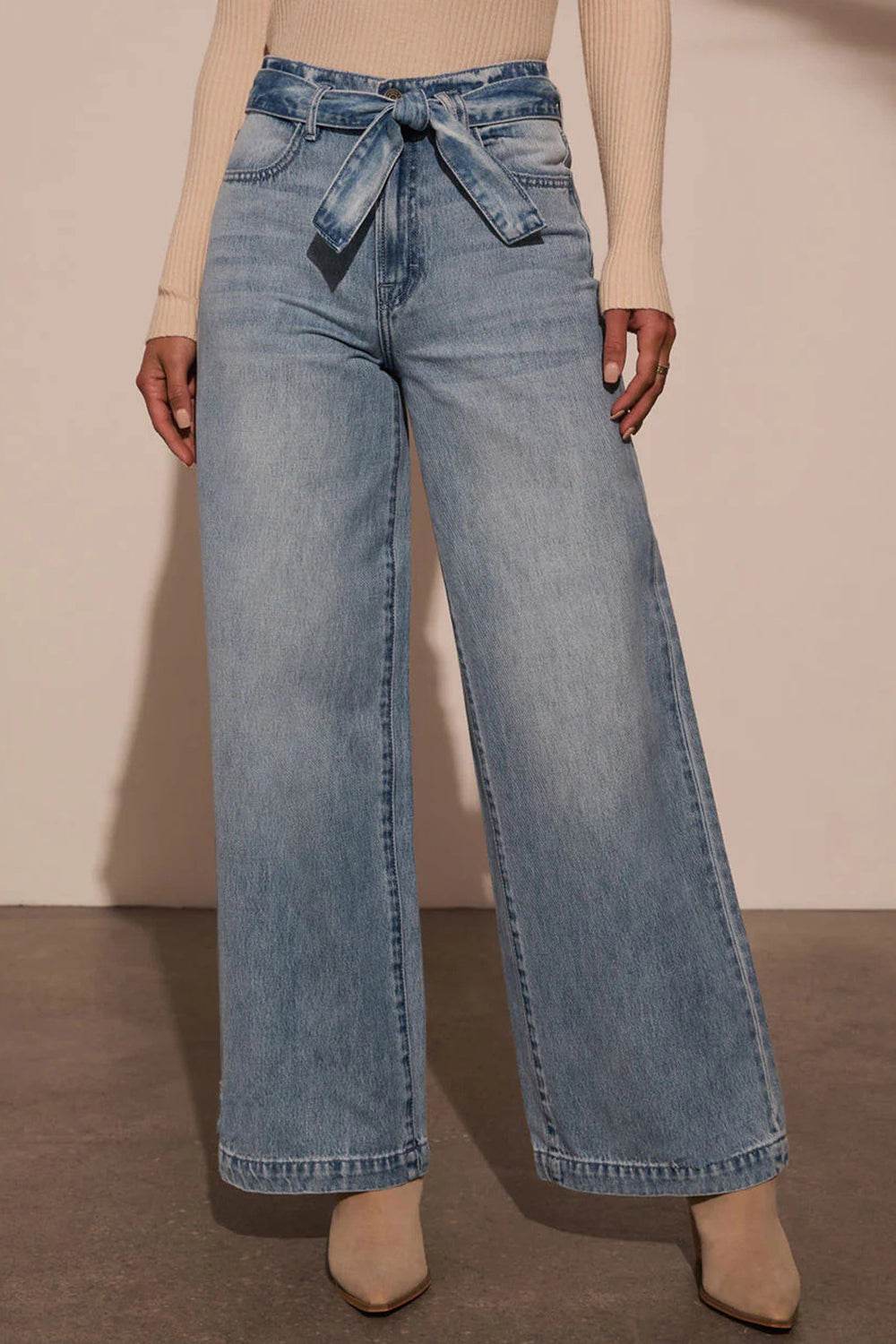 Tied Wide Leg Jeans with Pockets - Delanoir