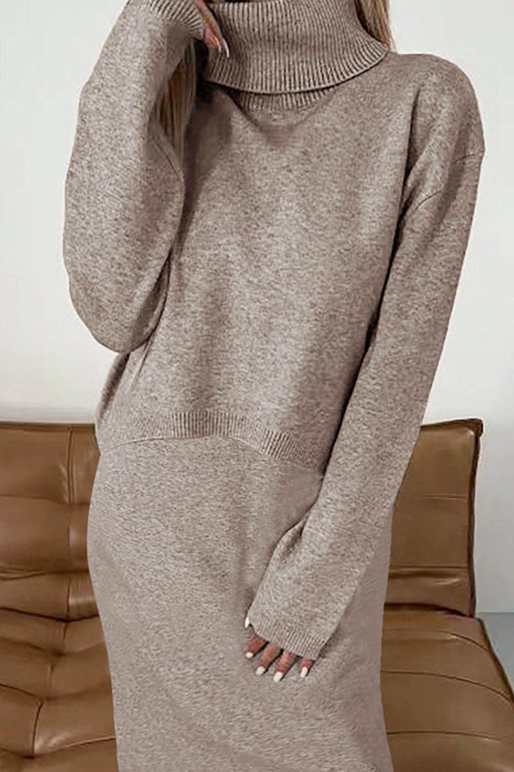 Turtleneck Dropped Shoulder Sweater and Midi Dress Sweater Set - Delanoir