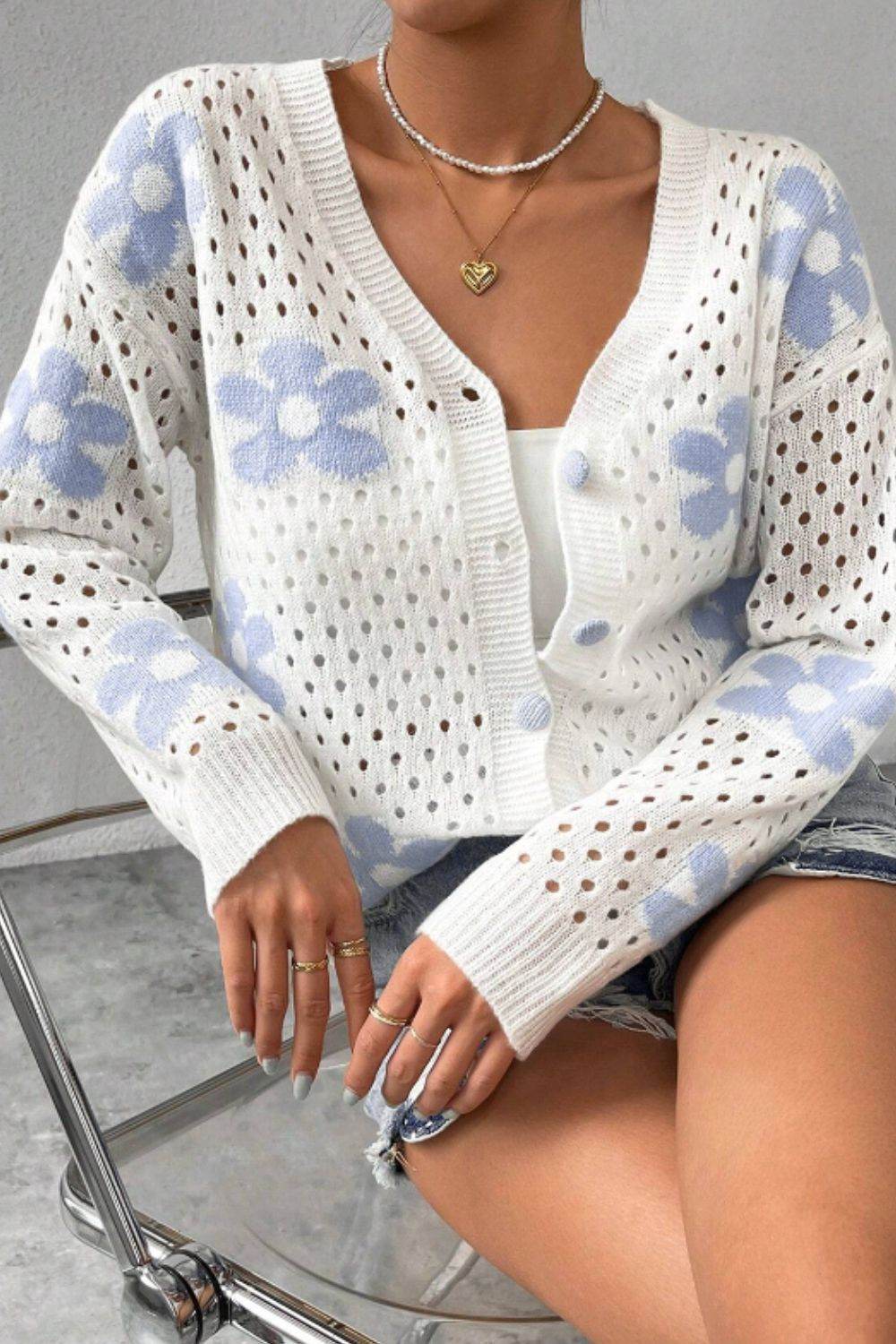 Flower Hollowed Out Button Down Long Sleeve Cardigan - Delanoir