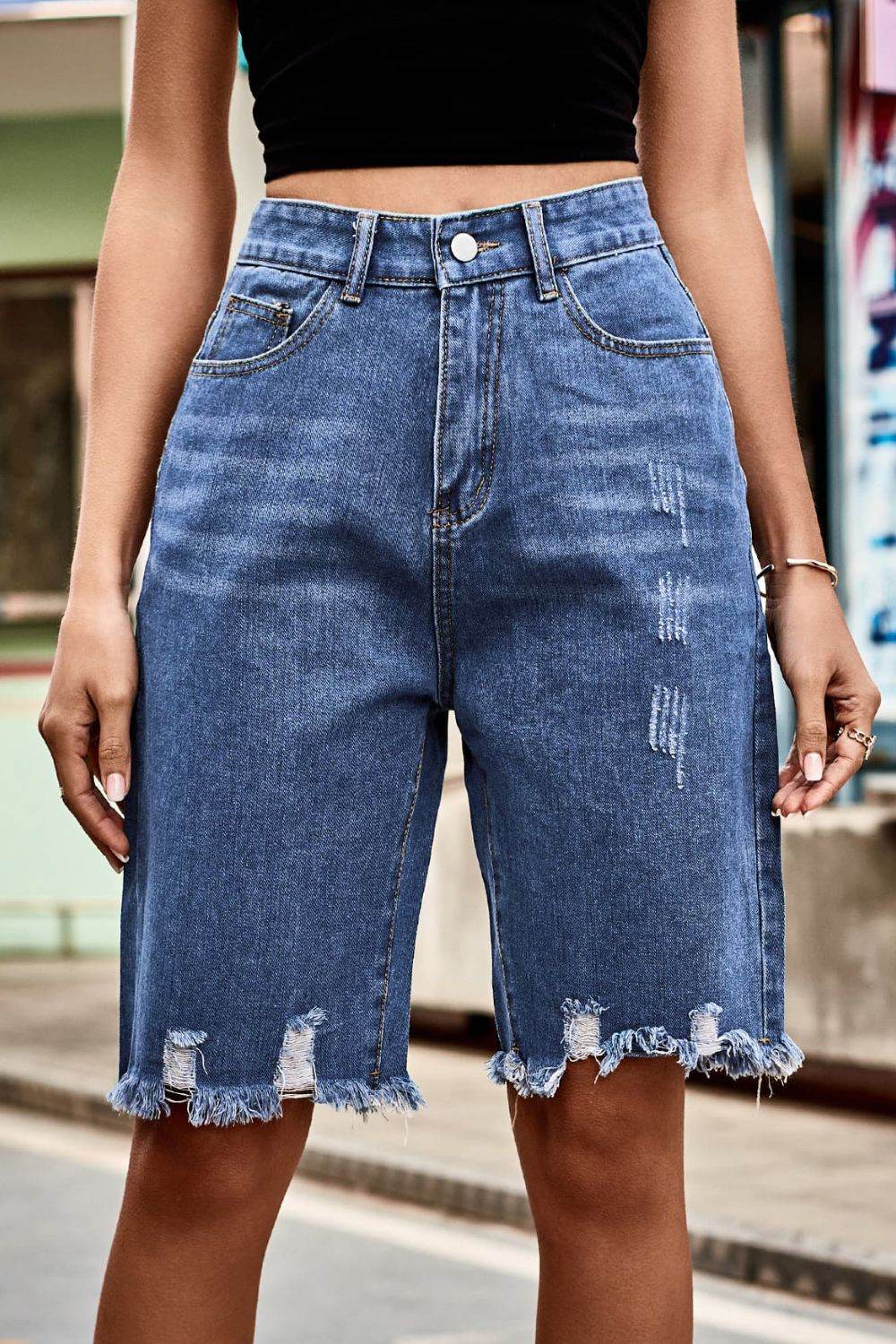Raw Hem High Waist Denim Shorts with Pockets - Delanoir