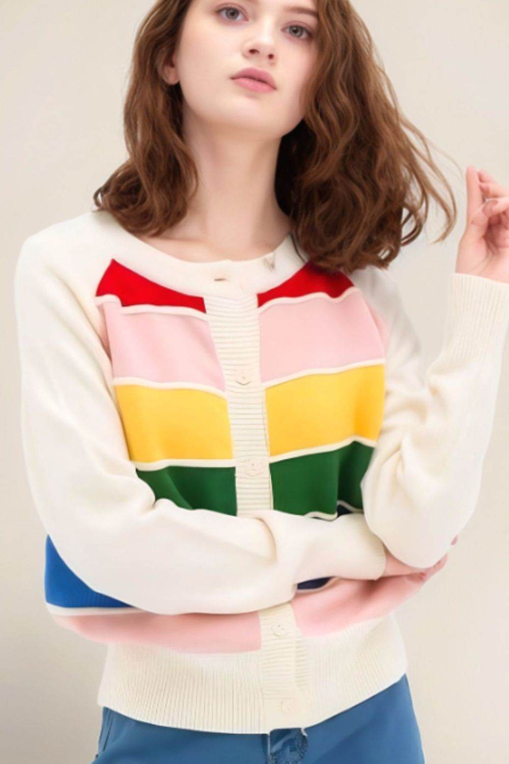 Contrast Button Down Long Sleeve Cardigan - Delanoir