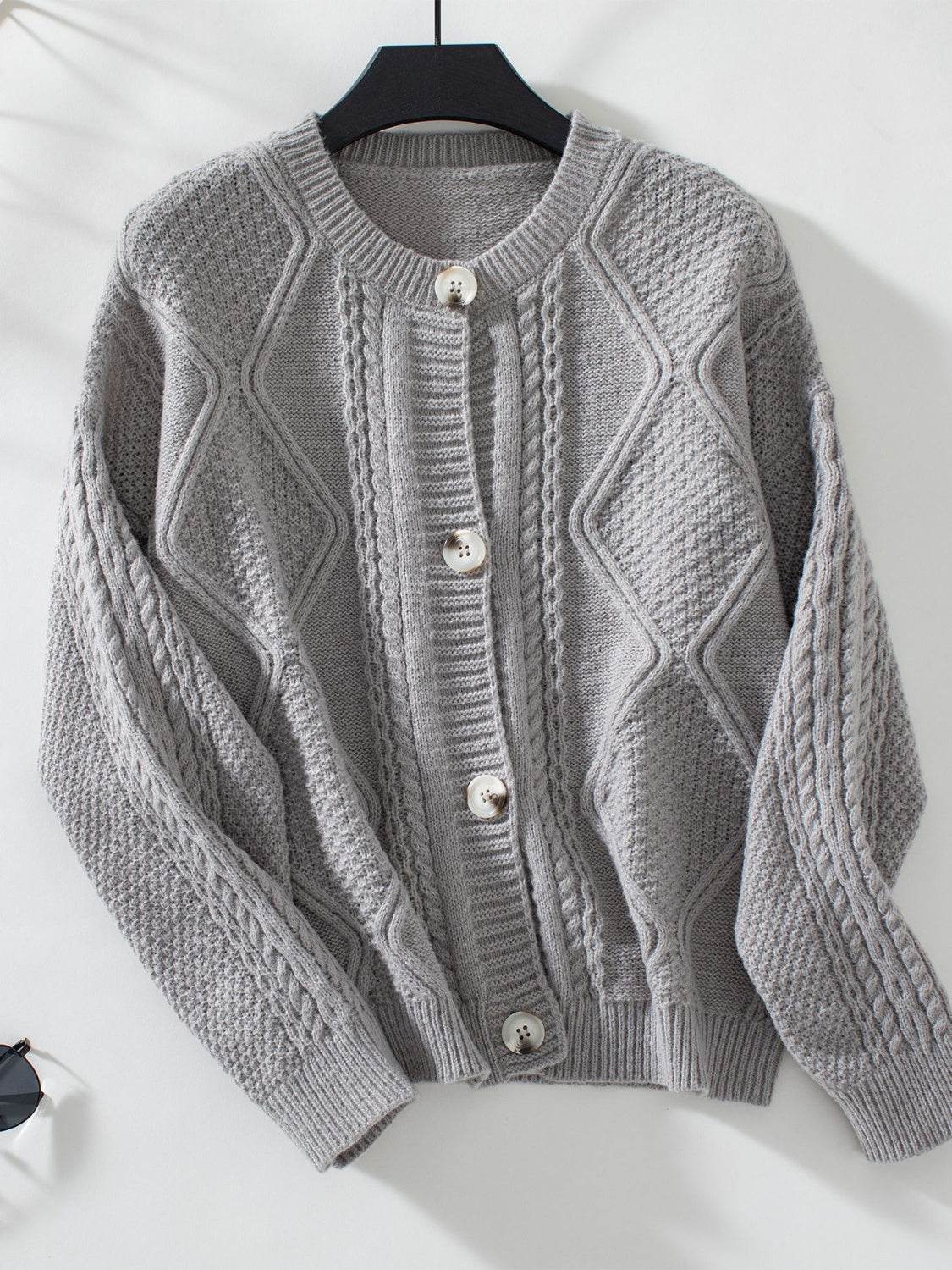 Cable-Knit Round Neck Button Up Cardigan - Delanoir