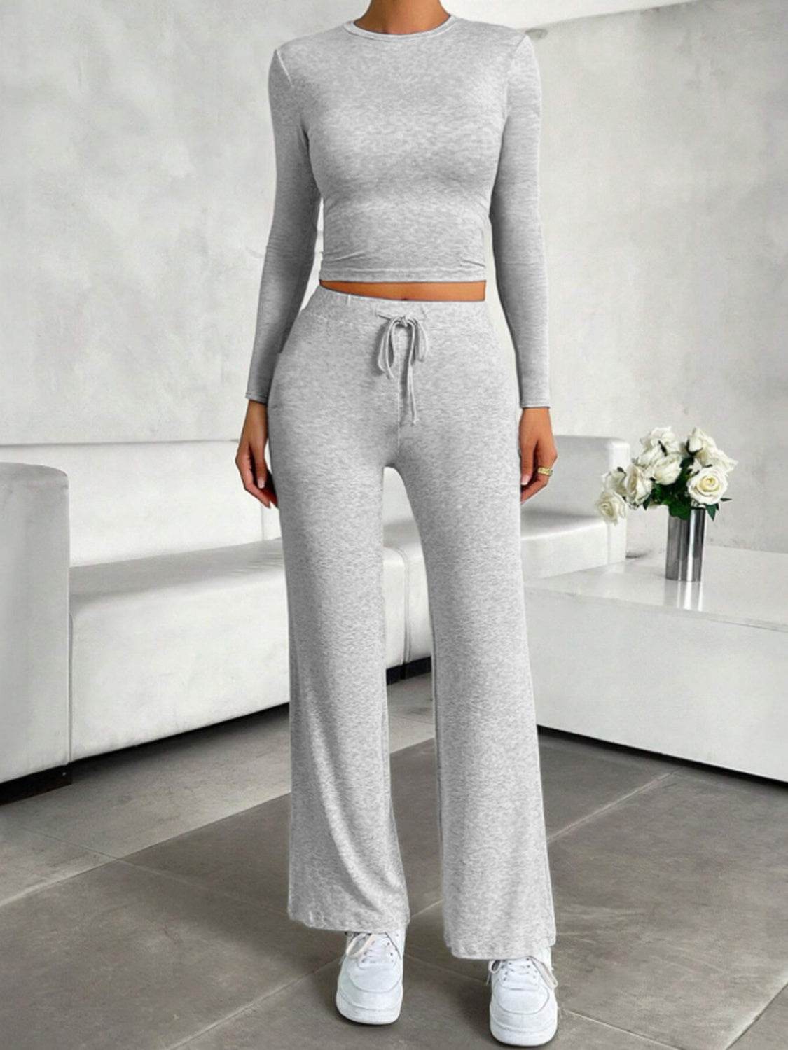 Round Neck Long Sleeve Top and Drawstring Pants Set - Delanoir