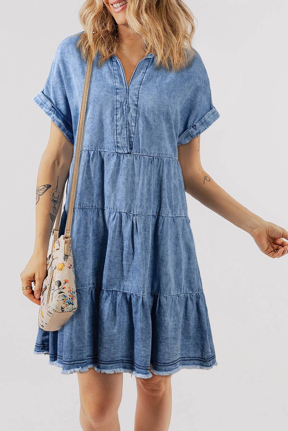 Raw Hem Collared Neck Short Sleeve Denim Dress - Delanoir