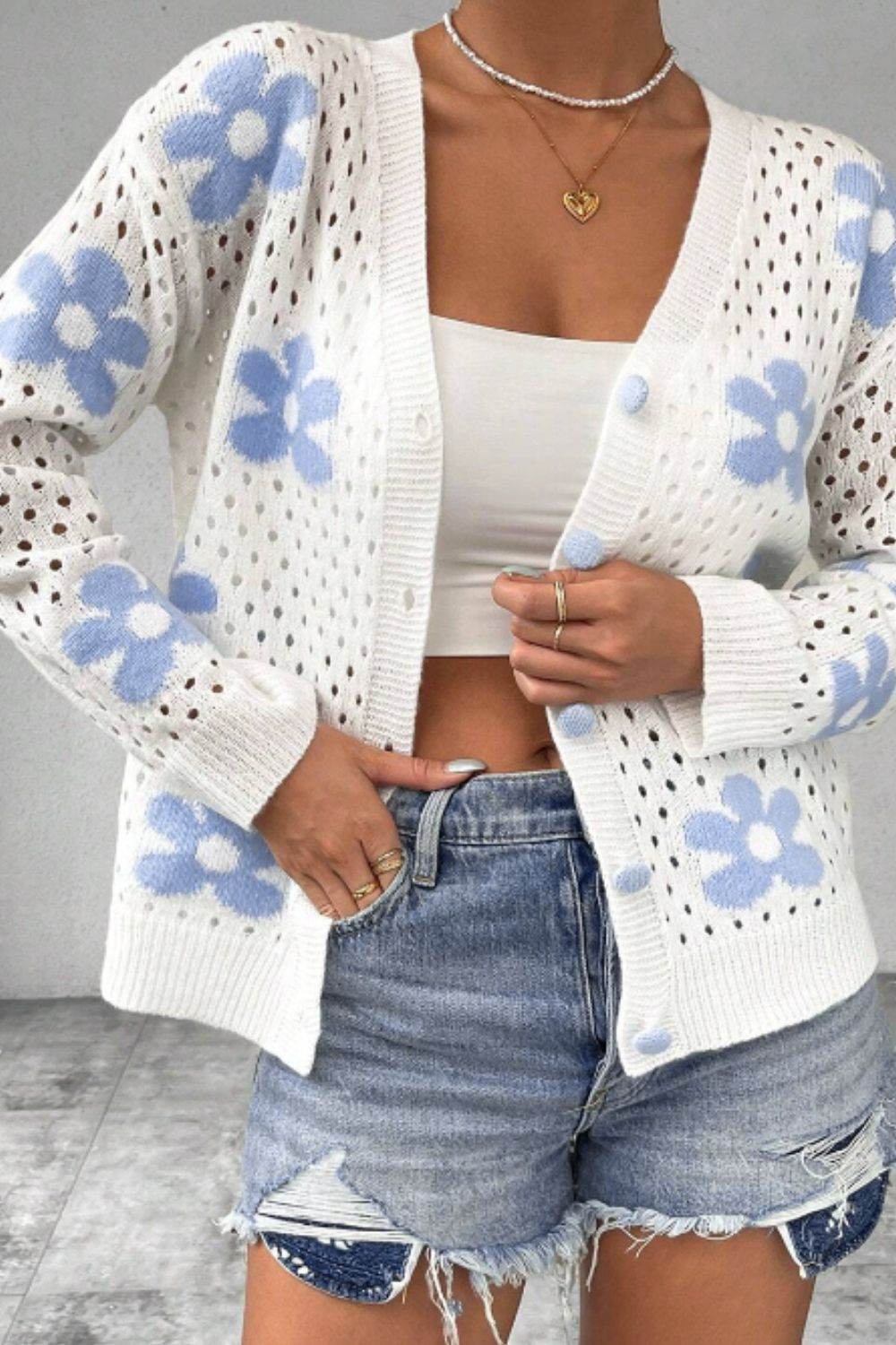 Flower Hollowed Out Button Down Long Sleeve Cardigan - Delanoir
