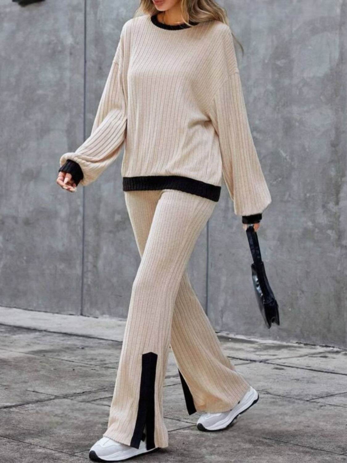 Contrast Round Neck Long Sleeve Top and Bootcut Pants Set - Delanoir