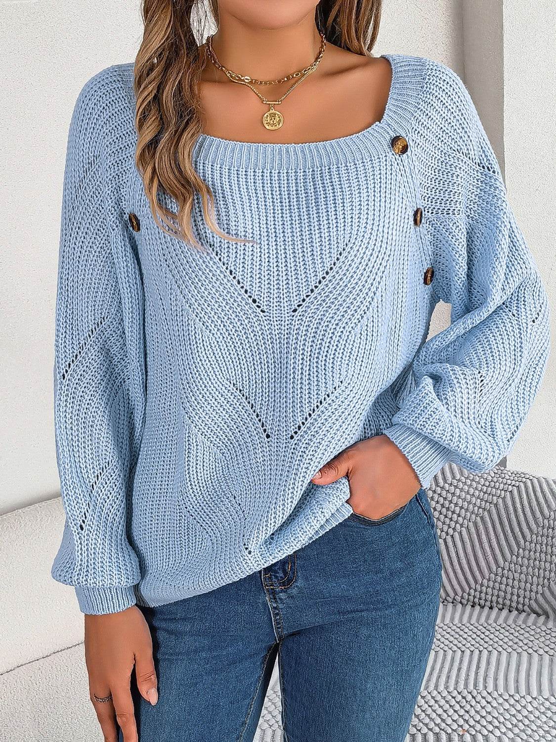 Openwork Buttoned Square Neck Sweater - Delanoir