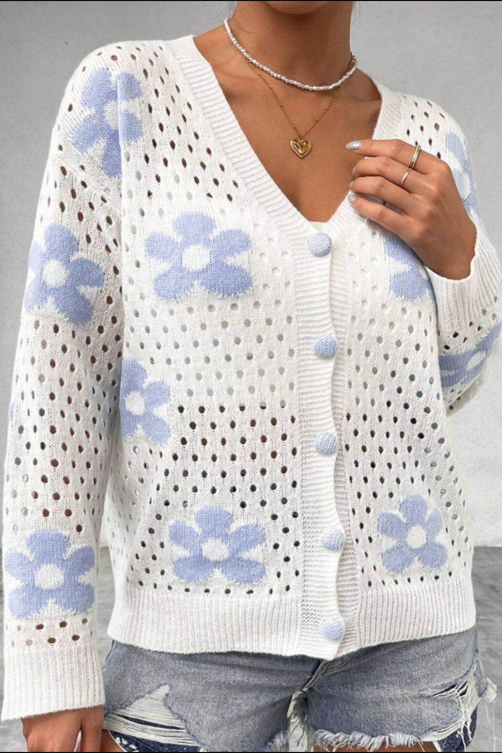 Flower Hollowed Out Button Down Long Sleeve Cardigan - Delanoir