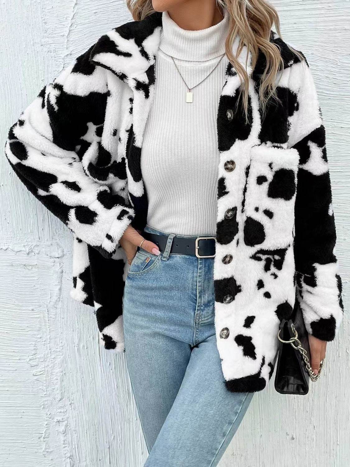 Cow Print Collared Neck Button Up Fuzzy Jacket - Delanoir