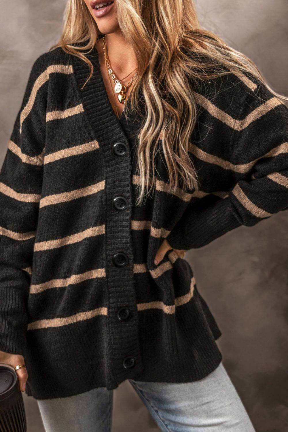 Striped Button Down Long Sleeve Cardigan - Delanoir