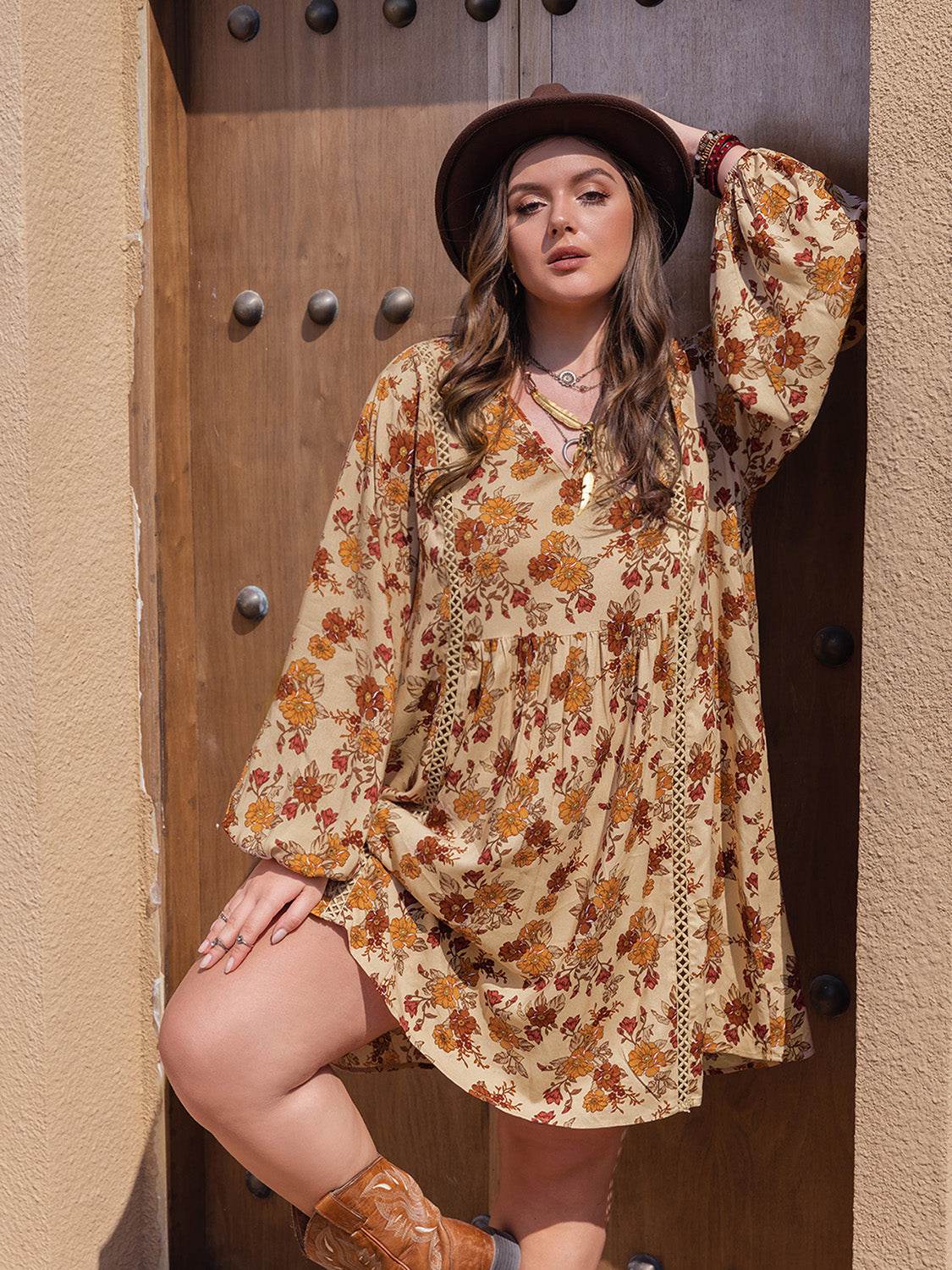 Plus Size Printed V-Neck Balloon Sleeve Mini Dress - Delanoir
