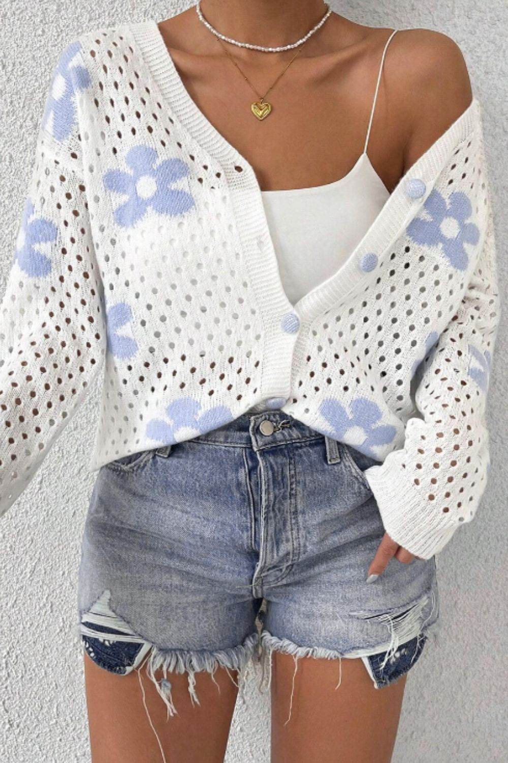 Flower Hollowed Out Button Down Long Sleeve Cardigan - Delanoir