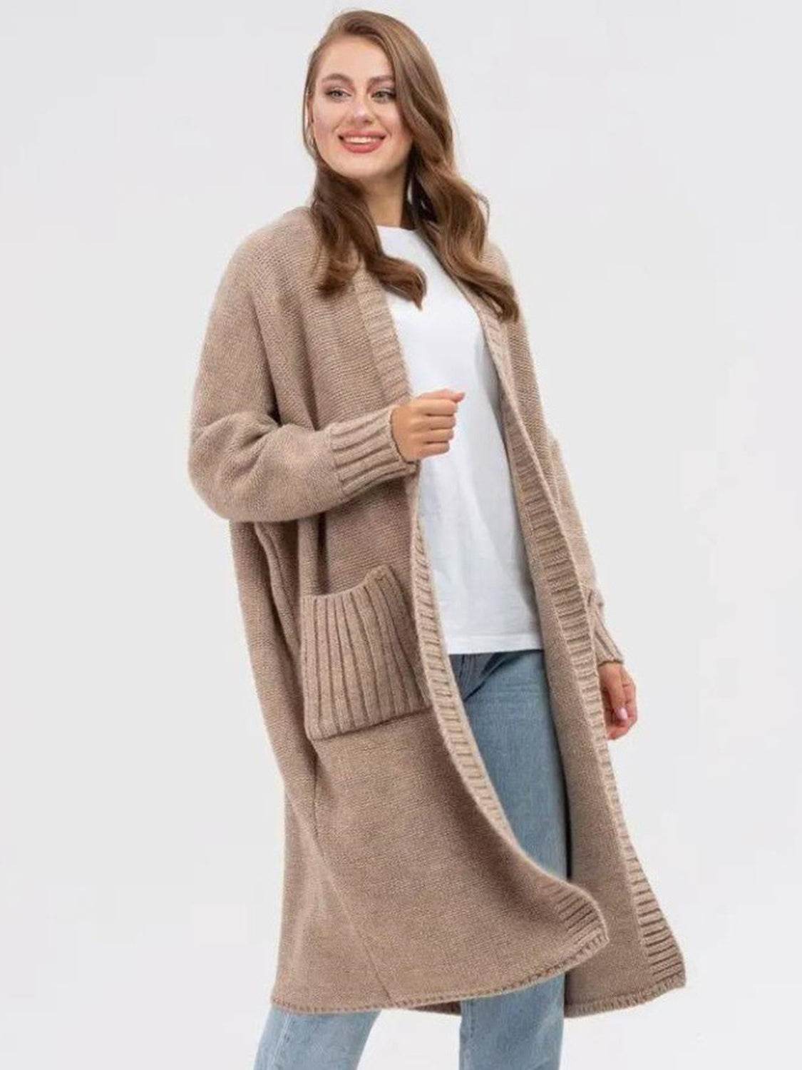 Pocketed Open Front Long Sleeve Longline Cardigan - Delanoir