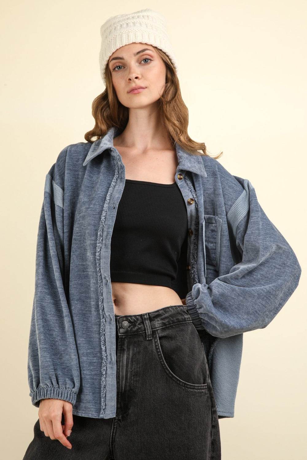 VERY J Mixed Media Button Down Raw Hem Shacket - Delanoir