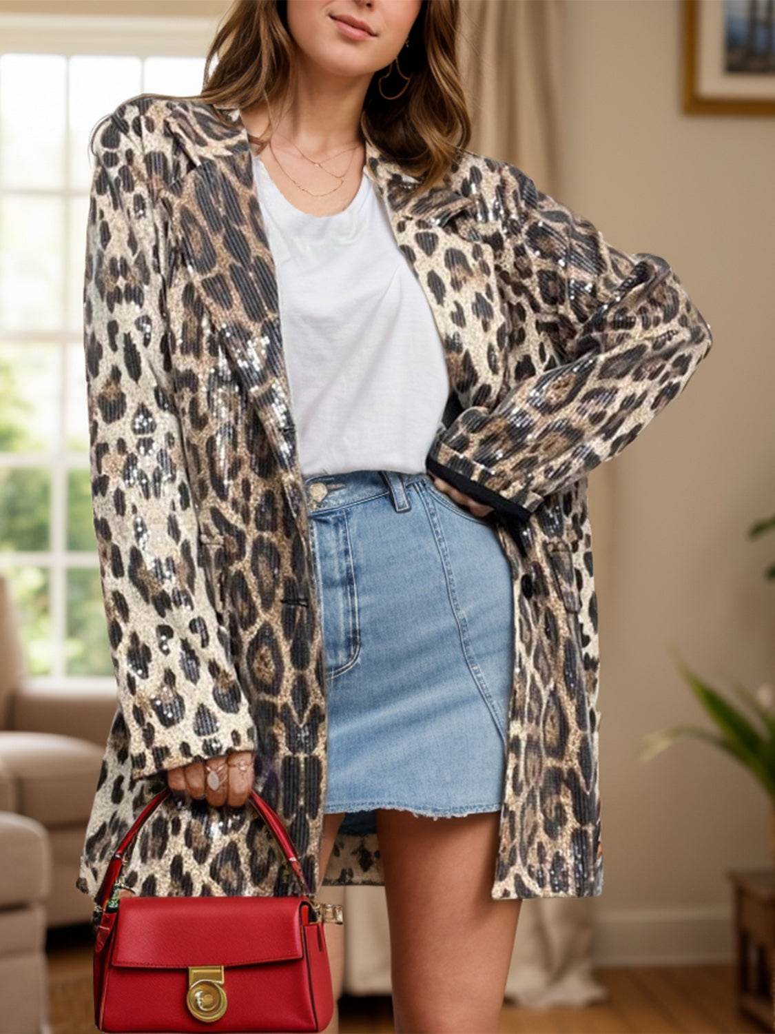 Leopard Lapel Collar Long Sleeve Longline Blazer - Delanoir