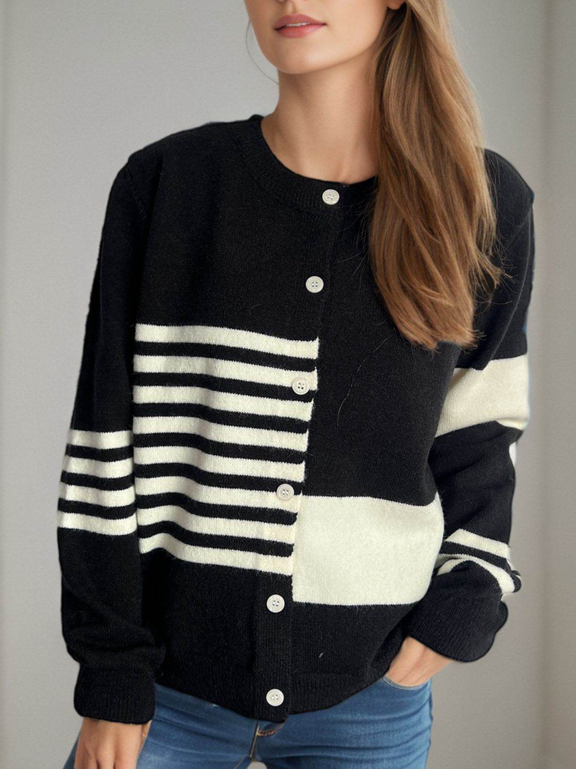 Striped Color Block Round Neck Cardigan - Delanoir