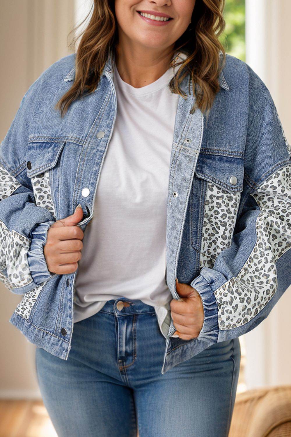 Plus Size Leopard Long Sleeve Denim Jacket - Delanoir