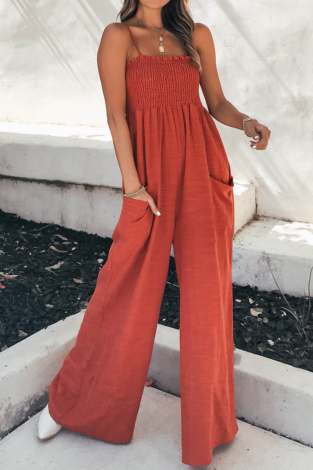 Smocked Spaghetti Strap Wide Leg Jumpsuit - Delanoir