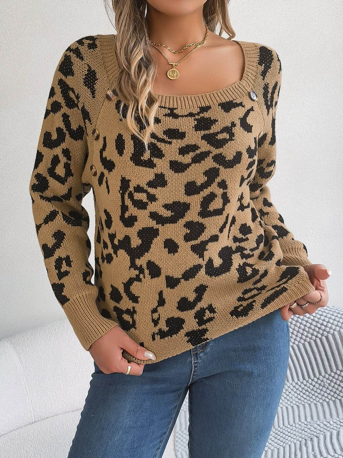 Leopard Buttoned Square Neck Sweater - Delanoir