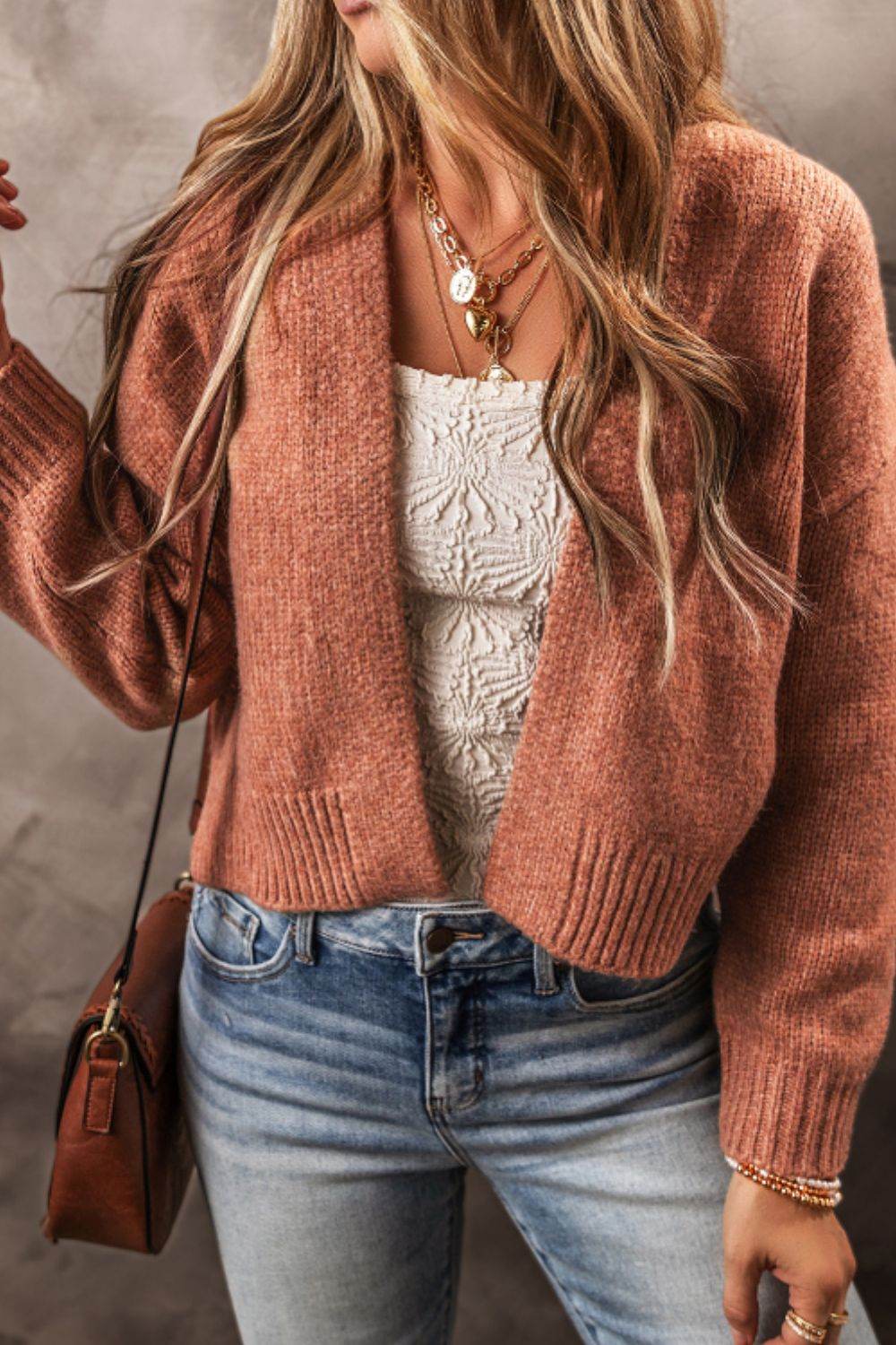 Slit Open Front Dropped Shoulder Cardigan - Delanoir