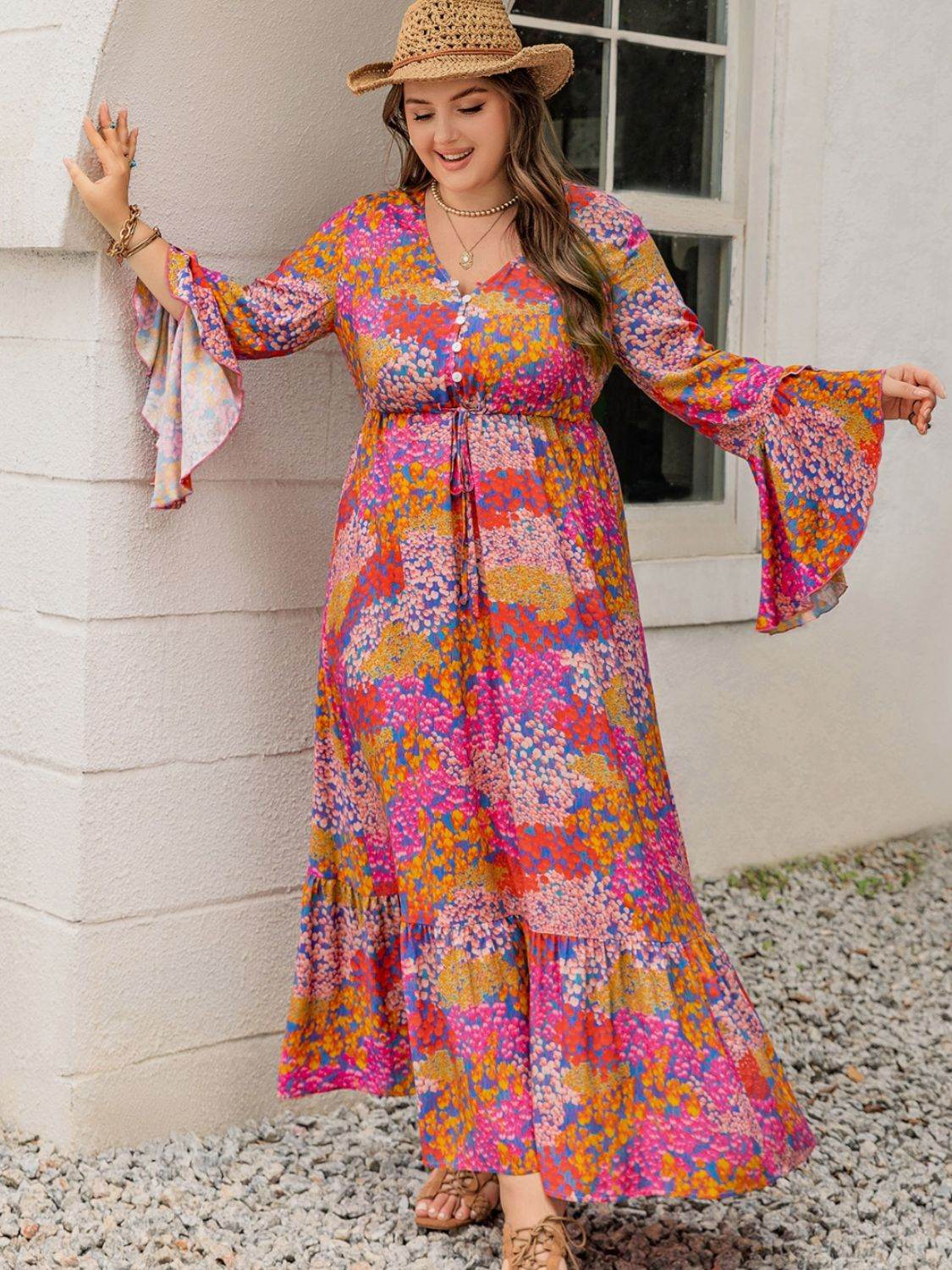 Plus Size Printed V-Neck Long Sleeve Maxi Dress - Delanoir