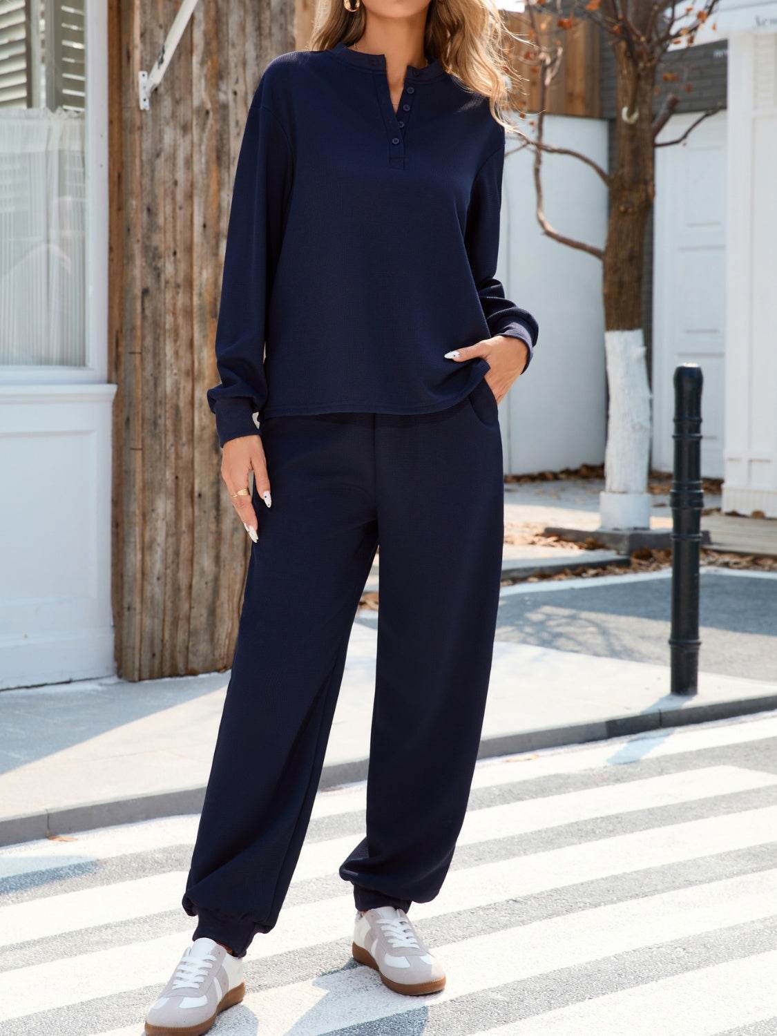Quarter Button Long Sleeve Top and Pants Set - Delanoir