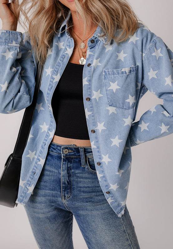 Raw Hem Star Collared Neck Denim Top - Delanoir