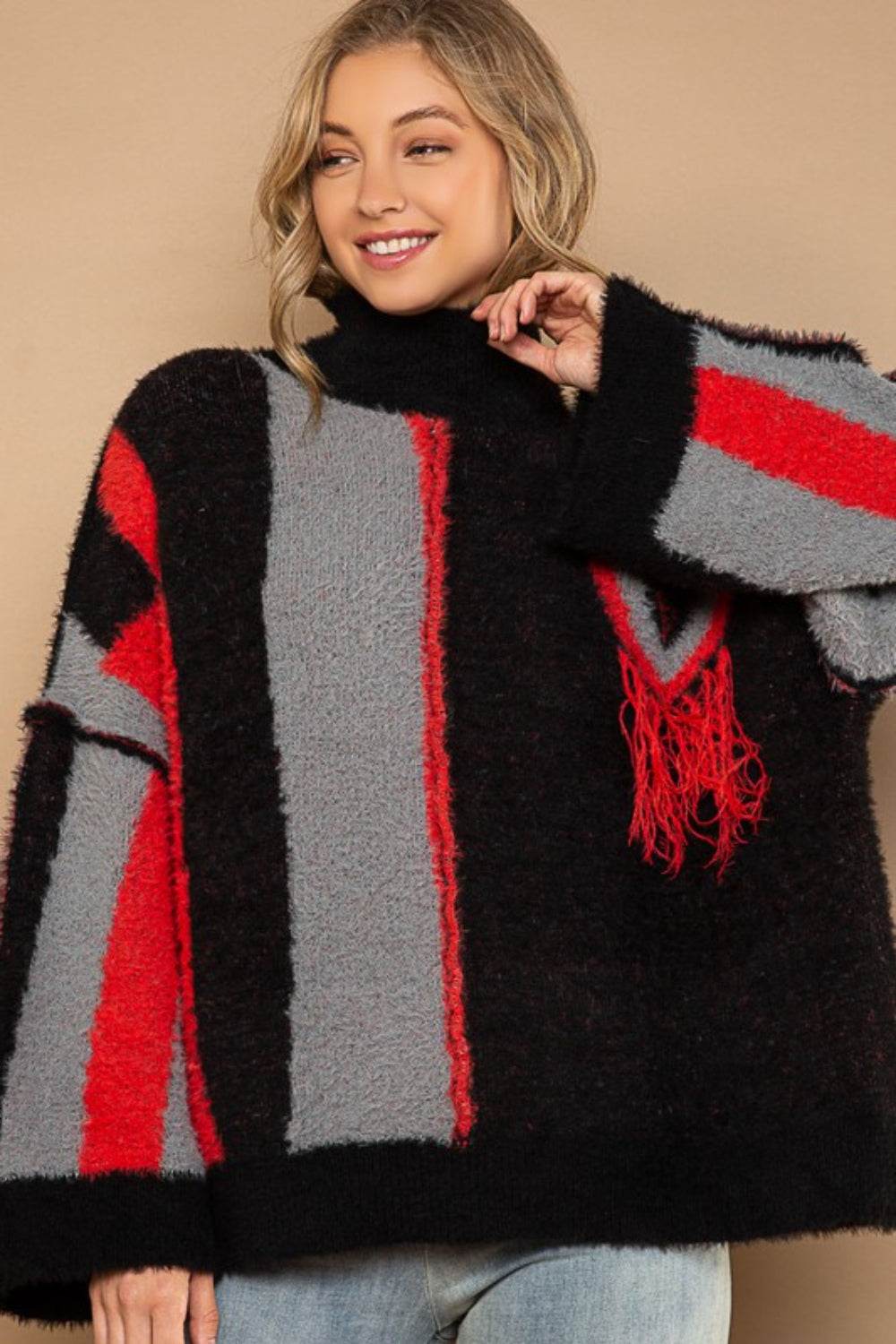POL Turtleneck Color Block Fringe Detail Sweater - Delanoir
