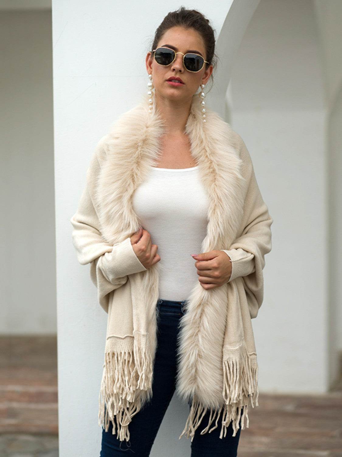 Fringe Open Front Long Sleeve Poncho - Delanoir
