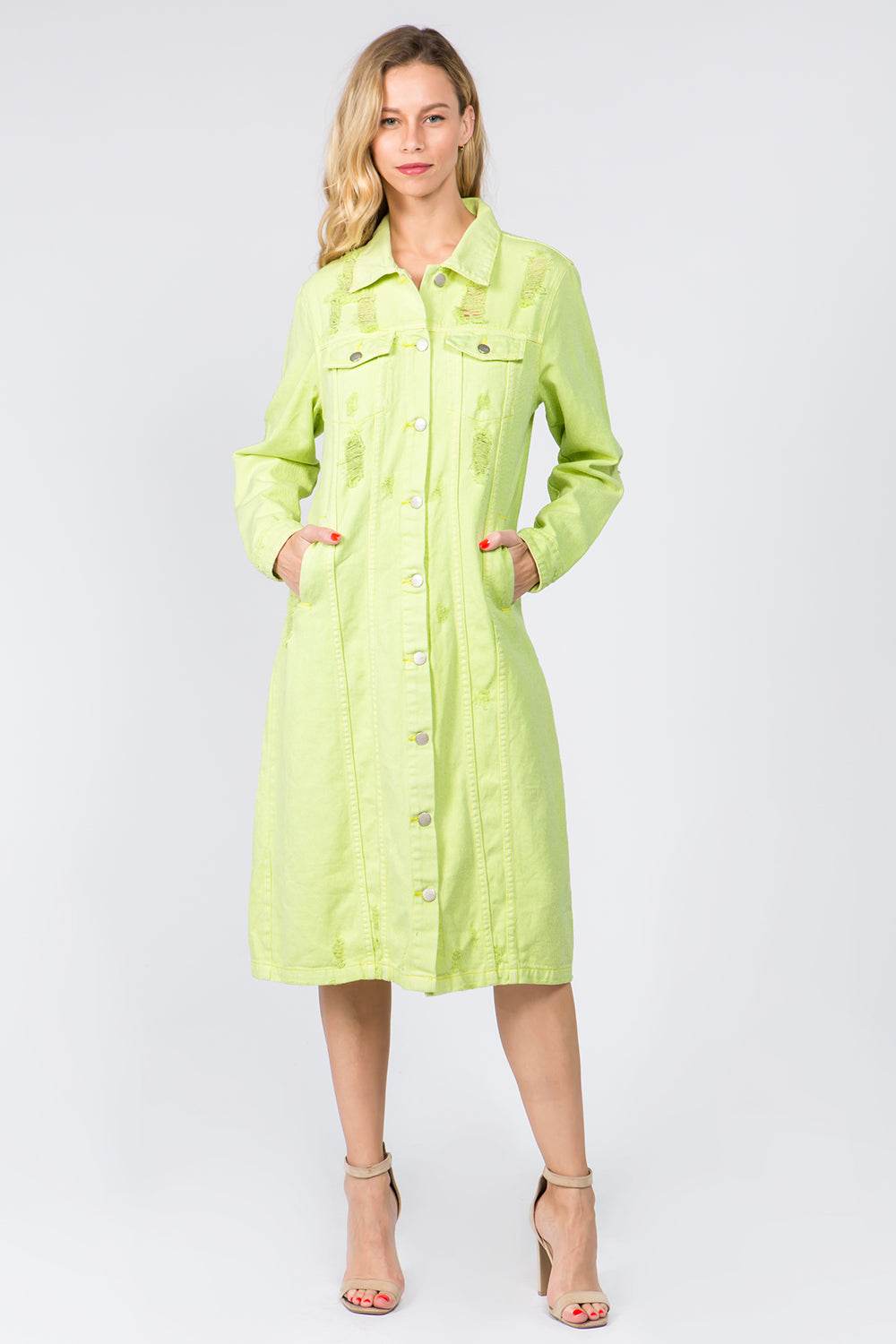 American Bazi Button Up Distressed Denim Dress - Delanoir