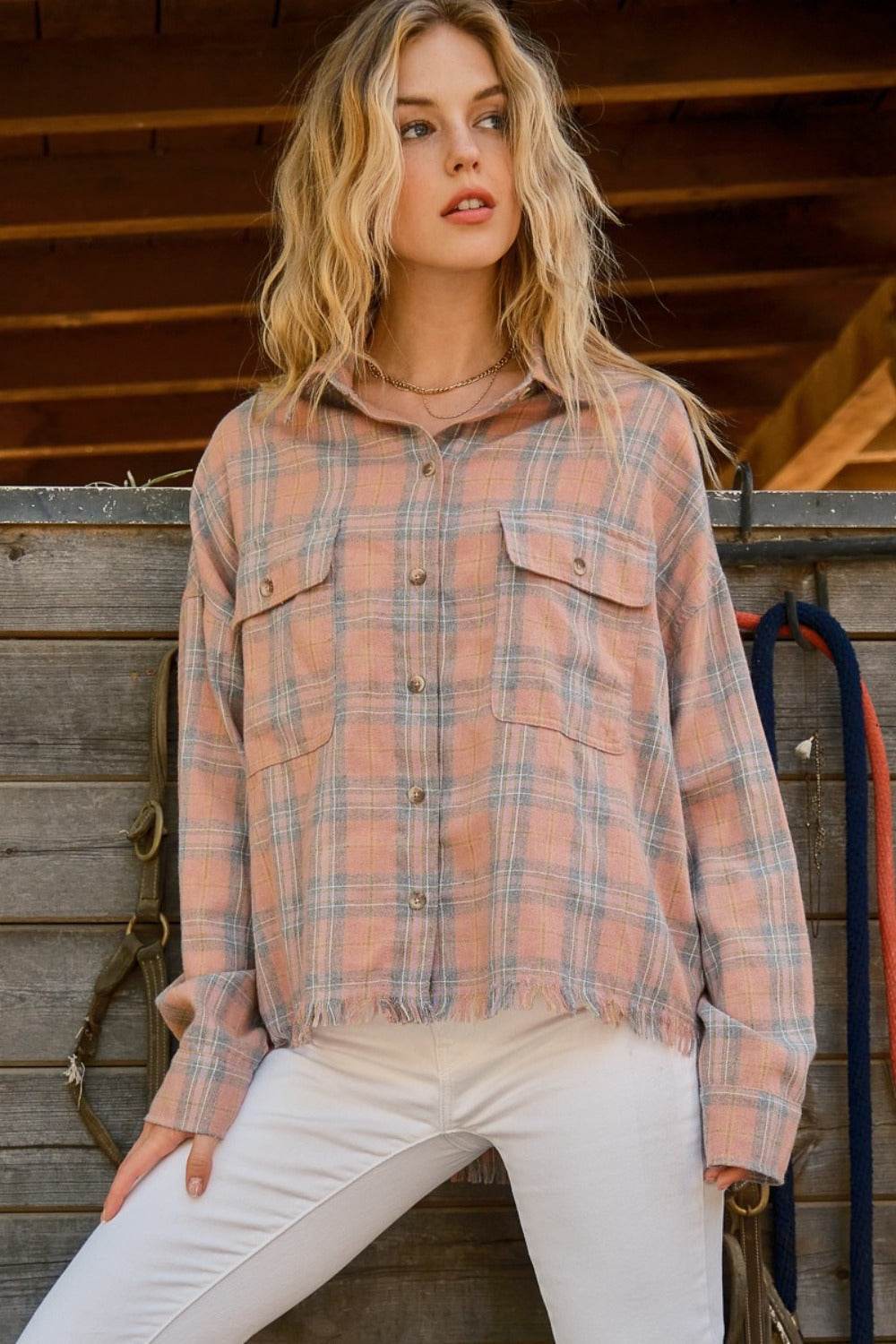 And The Why Full Size Plaid Button Up Raw Hem Shirt - Delanoir