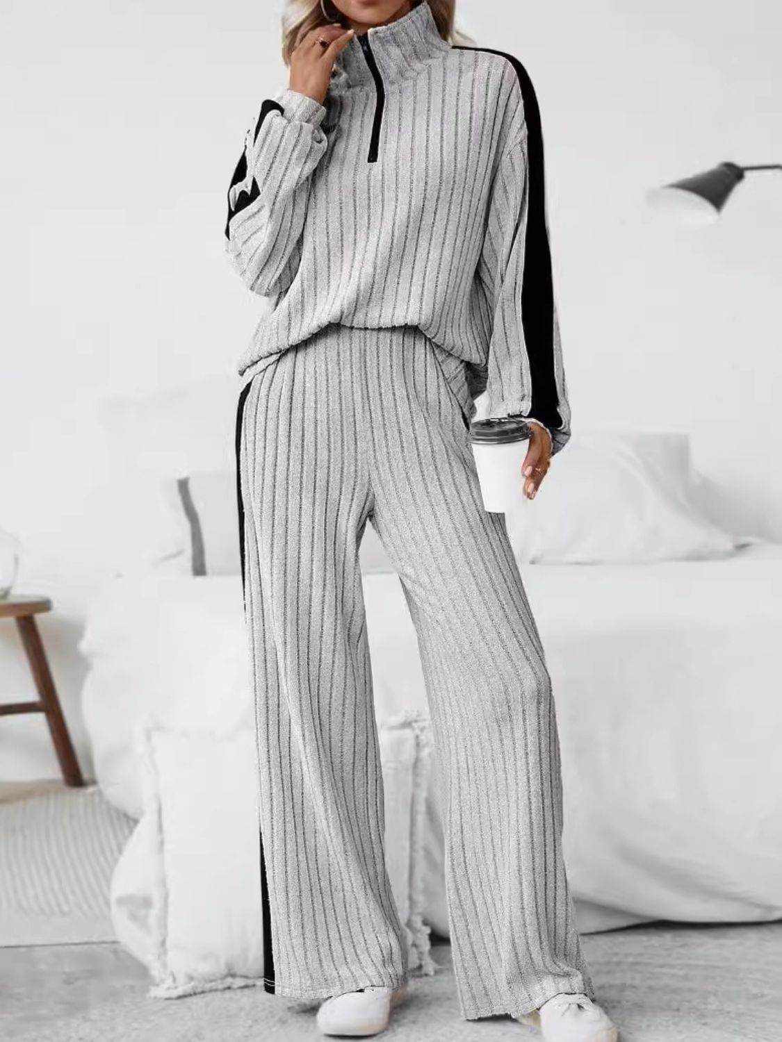 Plus Size Half Zip Long Sleeve Top and Pants Set - Delanoir