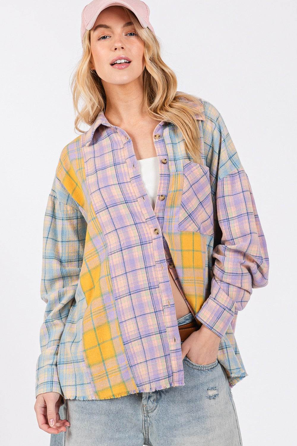SAGE + FIG Button Up Raw Hem Plaid Flannel Shirt - Delanoir