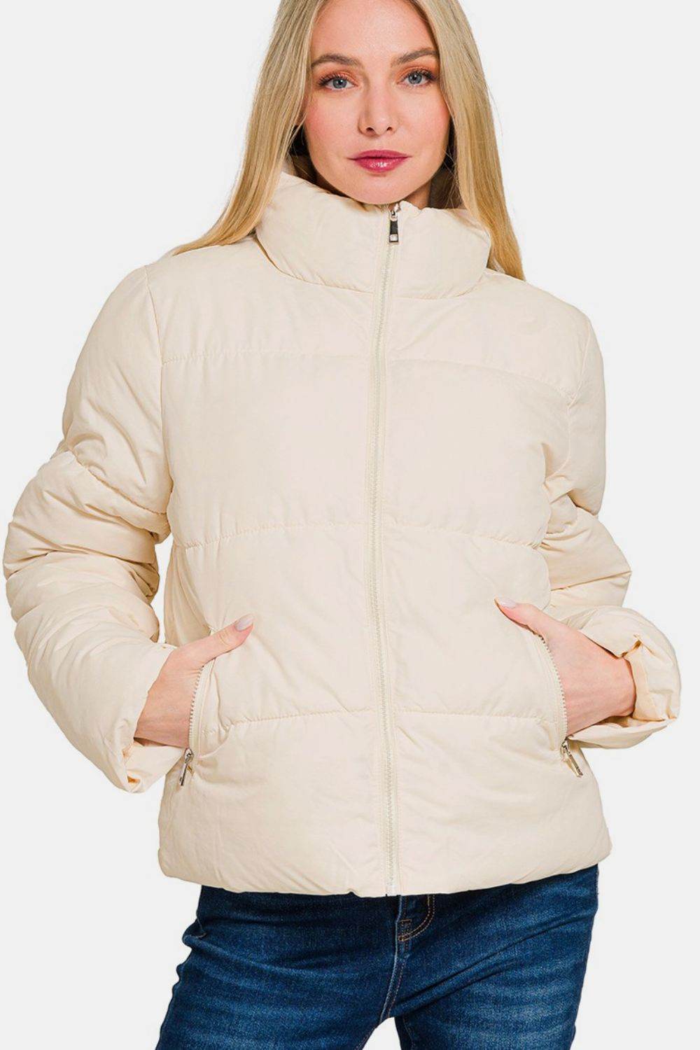 Zenana Zip Up Turtleneck Puffer Jacket with Pockets - Delanoir