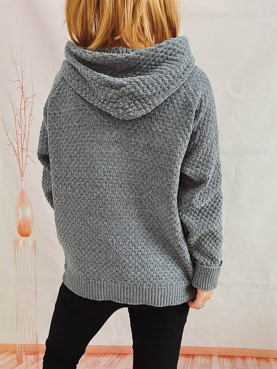 Drawstring Long Sleeve Hooded Sweater - Delanoir