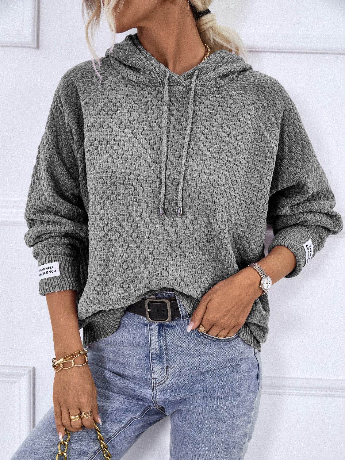 Texture Drawstring Long Sleeve Hooded Sweater - Delanoir