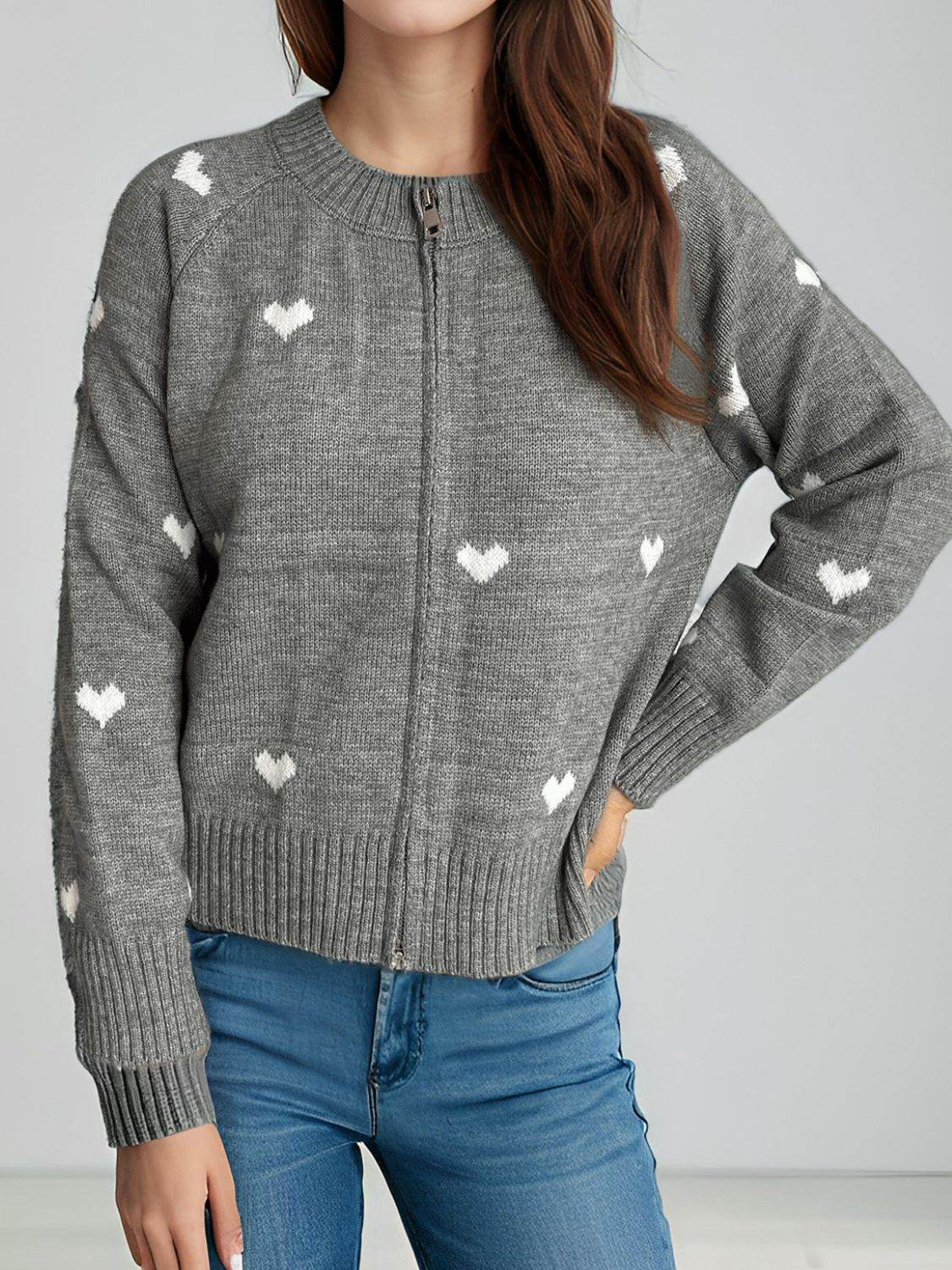 Heart Round Neck Zip Up Cardigan - Delanoir