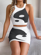 Round Neck Sleeveless Top and Skirt Knit Set - Delanoir