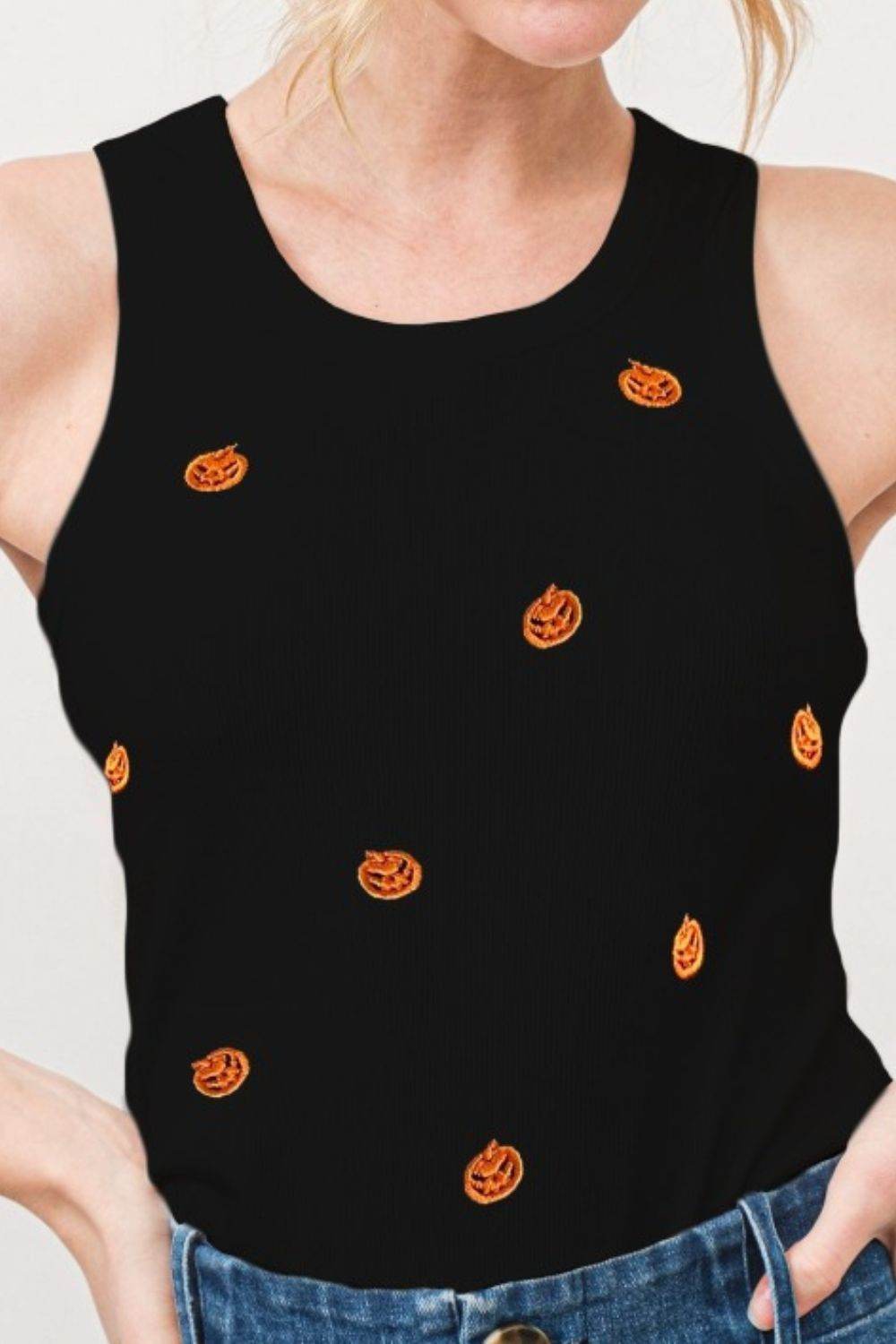 And The Why Jack O' Lantern Embroidered Ribbed Tank - Delanoir