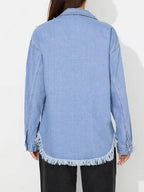 Raw Hem Pearl Trim Collared Neck Denim Top - Delanoir