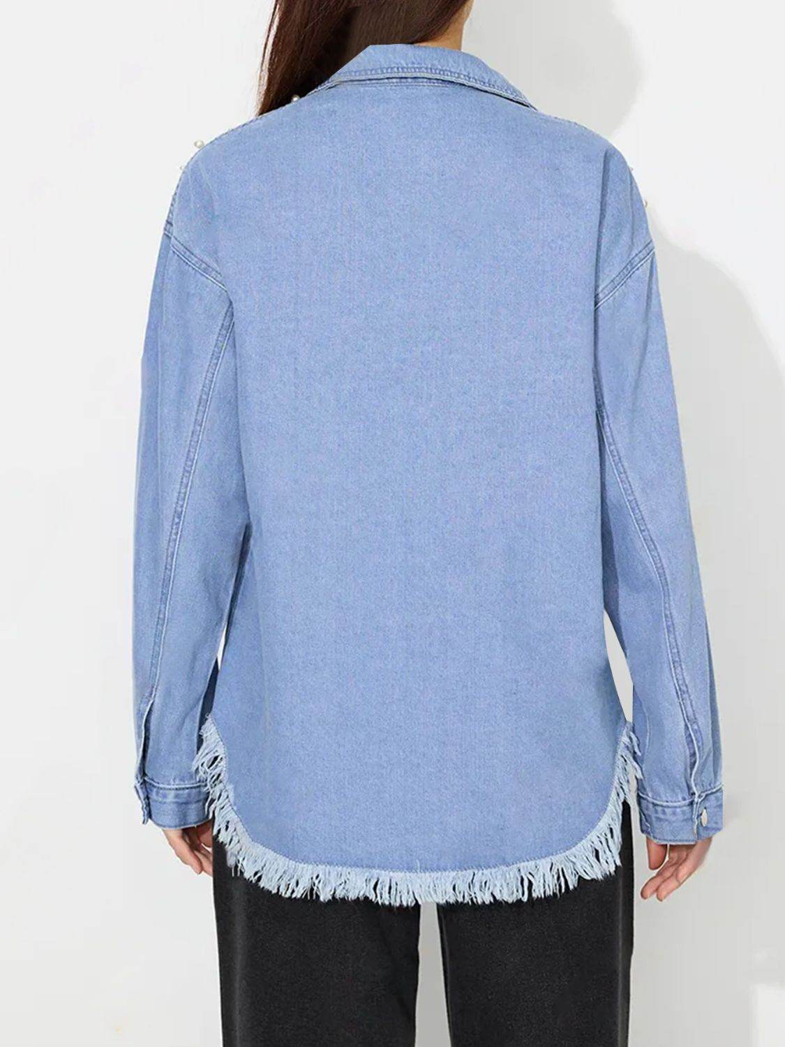 Raw Hem Pearl Trim Collared Neck Denim Top - Delanoir