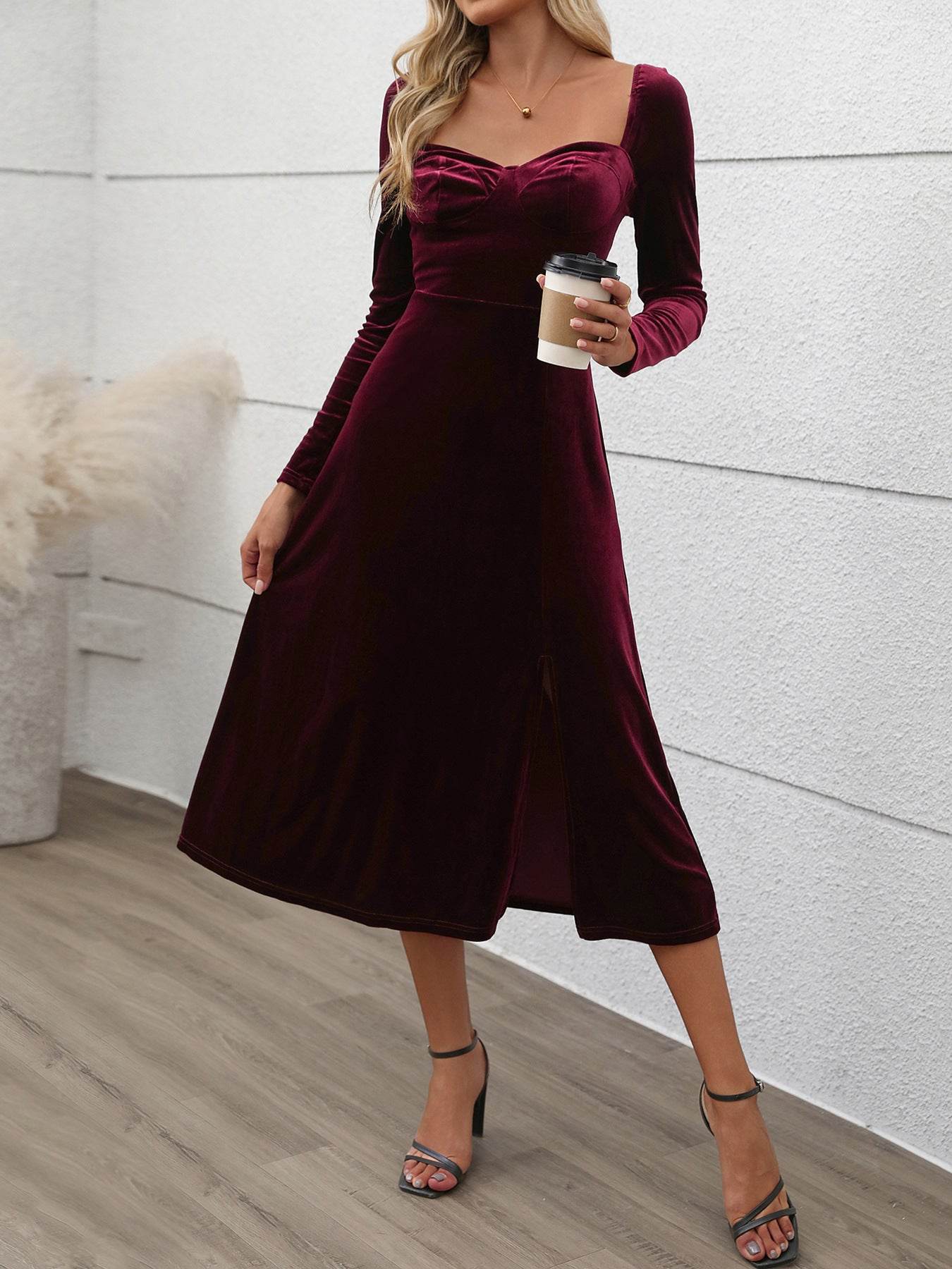 Perfee Sweetheart Neck Long Sleeve Midi Dress - Delanoir