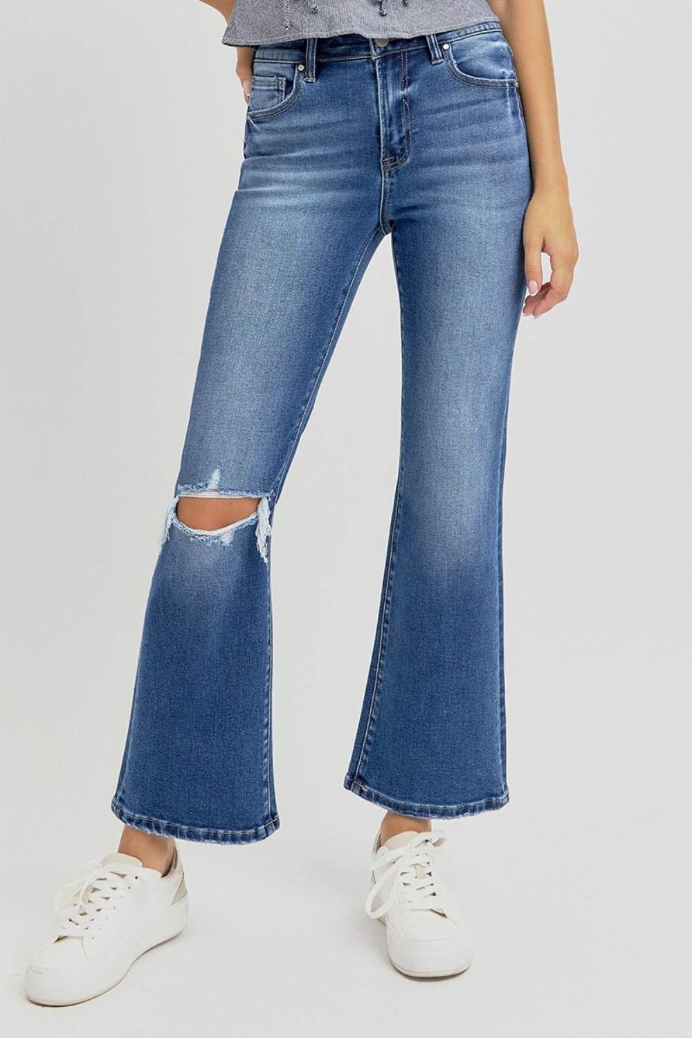 RISEN Full Size Distressed High Rise Crop Flare Jeans - Delanoir