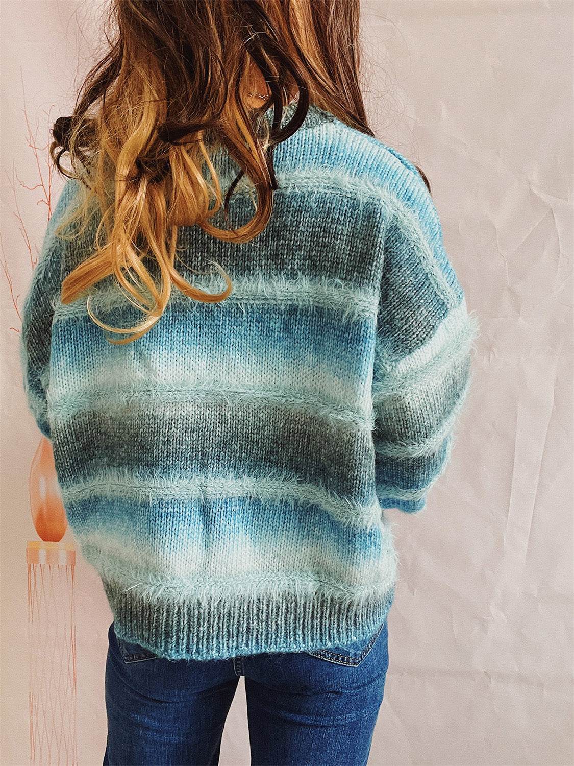 Striped Round Neck Long Sleeve Sweater - Delanoir