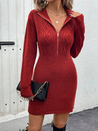 Perfee Cable-Knit Half Zip Long Sleeve Sweater Dress - Delanoir
